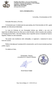 Suspensión del Traslado de los Titulares del Cristo de Burgos a San Pedro.